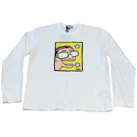 TAKEON Long Sleeve Graphic Tee Shirt Size Medium Mens Ivory White Glasses Casual - Picture 1 of 5